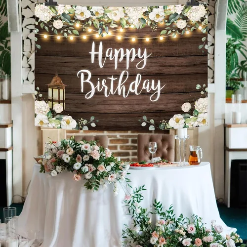 Miniatura 2 de AIBIIN Fondo de madera de 7 x 5 pies, fondo de fotografía de madera rústica, flores blancas, luces cálidas, decoraciones de fiesta de feliz