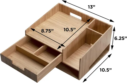 Miniatura 2 de MobileVision Soporte de teléfono de bambú con cajón, bandeja de papel y soporte para lápices, solución de almacenamiento para productos de oficina