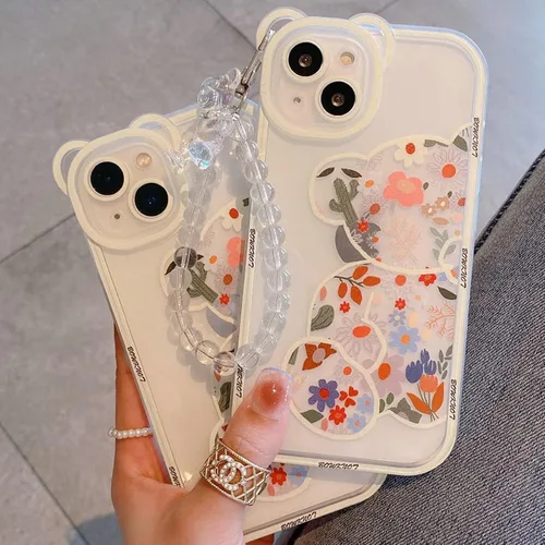 Miniatura 5 de Funda compatible con iPhone 8 Plus, bonito protector de cámara con diseño de oso de flores transparentes con bonita correa y cadena para niñas