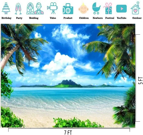 Foto temática de playa de verano de 7 x 5 pies, océano hawaiano, cielo azul, playa, palmeras tropicales, Luau, decoración de fiesta de cumpleaños,