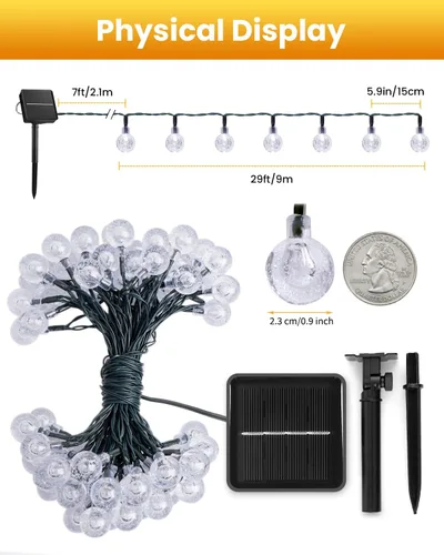 Miniatura 3 de Brightown Luces de Cadena Solares para Exteriores 60 LED 35.6 Pies Luces de Globo de Cristal con 8 Modos de Iluminación, Luces Solares Impermeables