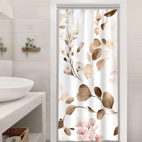 Miniatura 23 de Cortina de ducha pequeña de eucalipto azul acuarela, juego de cortinas de ducha pequeñas impermeables con diseño floral de primavera con ganchos, 36