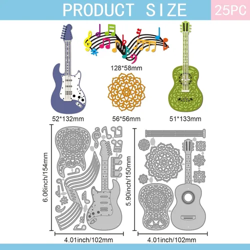 Miniatura 2 de GLOBLELAND Troqueles de corte de guitarra de mandala para bricolaje álbumes de recortes, notas musicales, troqueles de flores de mandala, troqueles