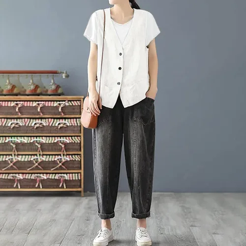 Miniatura 4 de COTECRAM Chaleco de lino de algodón para mujer, casual, sin mangas, con botones, ligero, para verano, holgado, ropa de abrigo