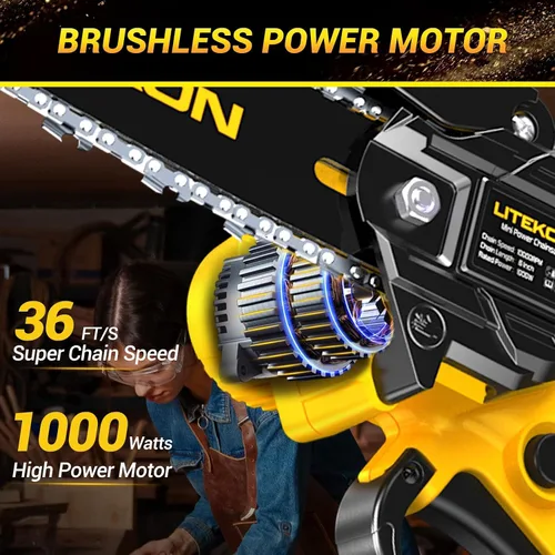 Miniatura 2 de Mini motosierra inalámbrica con batería de 2000 mAh y cargador rápido y 2 cadenas, la mejor motosierra eléctrica de 6 pulgadas con sistema de aceite