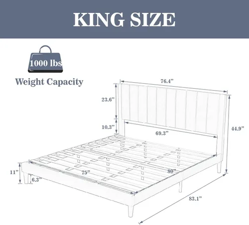Miniatura 2 de Allewie - Base de cama tamaño King con cabecera acolchada tapizada en terciopelo y diseño acanalado vertical; plataforma de cama con resistentes