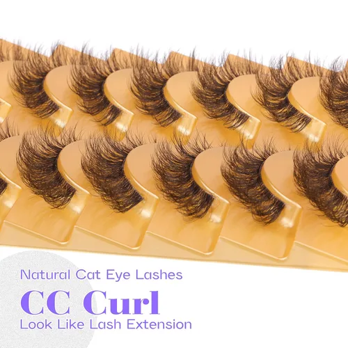 Miniatura 4 de Mavphnee Pestañas postizas marrones, ojo de gato, aspecto natural, extensión de pestañas rizadas D, banda transparente, pestañas marrones, pestañas