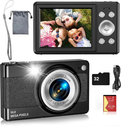 Cámara digital para niños, FHD 1080P 56MP con enfoque automático y disparo con 16X de zoom, tarjeta TF de 32GB, batería, flash, detección de rostro,