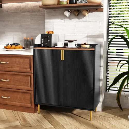 Miniatura 6 de ARTPOWER Aparador Buffet con Textura Acanalada, Gabinete Moderno de Barra de Café con Estante para Vinos y Cajones, Gabinete Negro de Licor