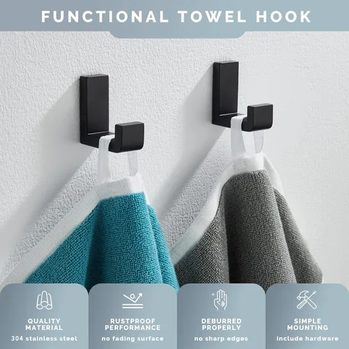 Miniatura 4 de Gancho Simple de Ángulo para Toalla Negro Mate 2 Pack, Gancho para Abrigo de Baño de Acero Inoxidable 304 para Pared