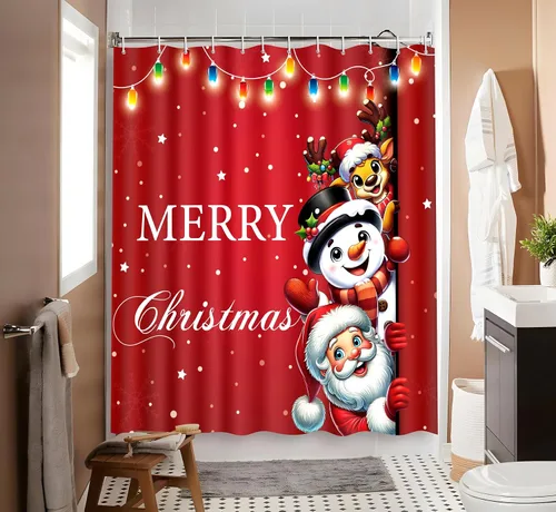 Miniatura 2 de Tieshankao Cortina de ducha de Navidad, Papá Noel, muñeco de nieve, reno, decoración de baño con 12 ganchos, 72 x 72 pulgadas, decoraciones navideñas