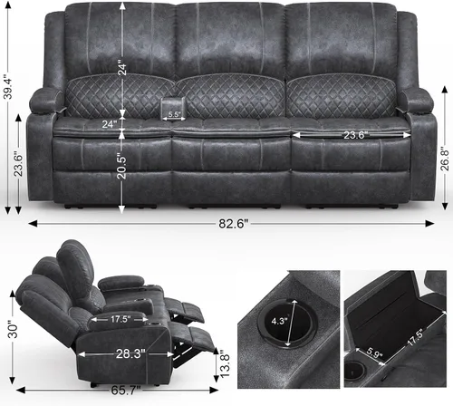 Miniatura 2 de Yolsali Sofá reclinable de 3 plazas, sofá reclinable manual con asiento central multifuncional, sofá reclinable para sala de estar con espacio