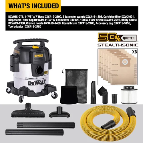 Miniatura 5 de DEWALT STEALTHSONIC - Aspiradora para tienda en seco y húmedo de 5 galones, 4 HP con 6 bolsas de polvo, ultra silenciosa, de acero inoxidable