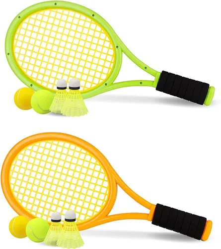 Raqueta de tenis para niños con bolsa, raqueta de plástico incluye 2 bolas de espuma, 2 pelotas de tenis, 4 bádminton para niños, juegos deportivos