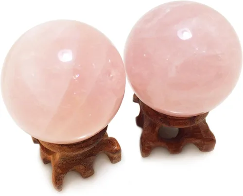 Miniatura 6 de Polar Jade Juego de 2 esferas de cristal de cuarzo rosa natural con soportes de madera, bolas de exhibición pulidas a mano de 45 mm (1.8")