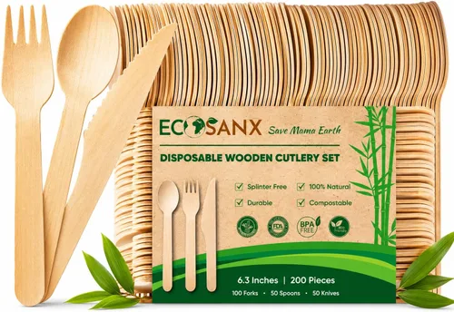 Miniatura 8 de ECOSANX® 120 piezas de tenedores de madera para comer de 16.5 cm libres de astillas, compostables, juego de cubiertos de madera ecológico
