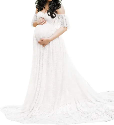 Vestido de maternidad de encaje con hombros descubiertos para mujer, vestido de embarazo elegante de encaje para sesión de fotos de baby shower
