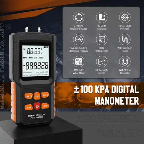 Miniatura 2 de Manómetro, ± 100 KPa Manómetro Digital HVAC 12 Unidades Probador de Presión de Gas ± 0.15% FSO Manómetro Actualizado con Más Accesorios