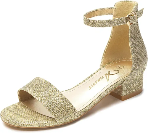 Miniatura 49 de Athlefit Sandalias para niñas, puntera abierta, correa en el tobillo, tacones bajos, zapatos de vestir para niñas pequeñas y grandes