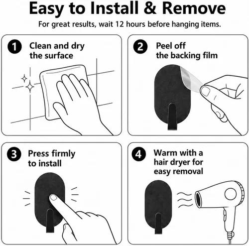 Miniatura 7 de Ganchos adhesivos de pared para colgar, paquete de 12 unidades, instalación sin taladro, ganchos extraíbles de acero inoxidable para baño, cocina