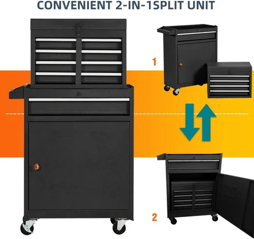 Miniatura 3 de X&T Caja de herramientas con ruedas compuestas, organizadores de pecho desmontables con cerradura con 4 ruedas y 5 cajones, armario