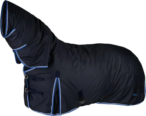 HORZE Glasgow - Manta de invierno impermeable de peso medio con cubierta para el cuello (relleno de 5.29 oz), color azul oscuro, 66 pulgadas