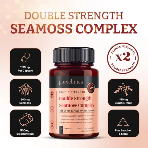 Miniatura 3 de pureclinica Complejo Seamoss de doble fuerza, 1155 mg x 120 cápsulas (suministro para 4 meses) - con 500 mg Seamoss, 500 mg de vejiga y 150 mg