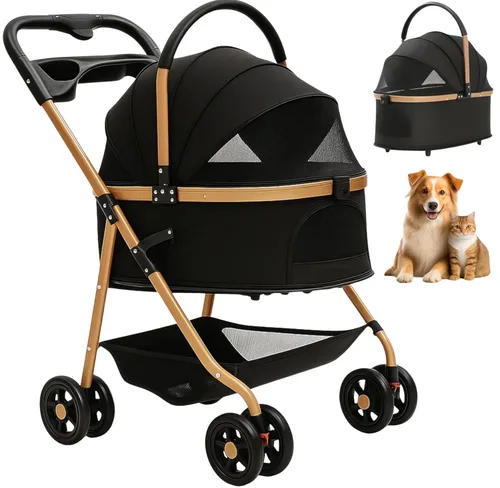 Cochecito para mascotas para perros y gatos pequeños, plegable para perros pequeños/medianos y gatos de hasta 50 libras, transportador extraíble,