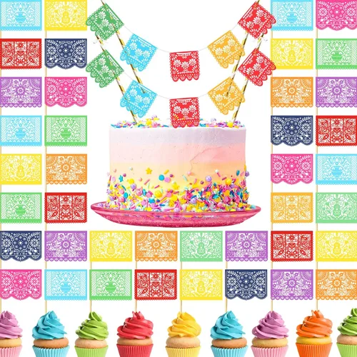 Juego de 62 decoraciones para tartas mexicanas de fiesta mexicana, pancarta de papel picado y adornos para cupcakes, decoraciones coloridas de