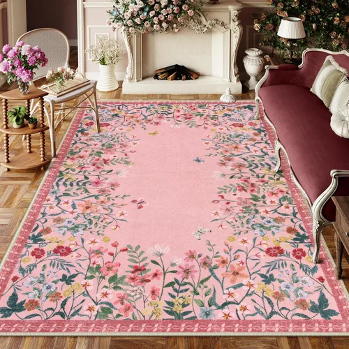 Miniatura 10 de Wonnitar Alfombra de área lavable de 2 x 3, alfombra de entrada floral verde, alfombra bohemia pequeña antideslizante para baño, alfombra suave