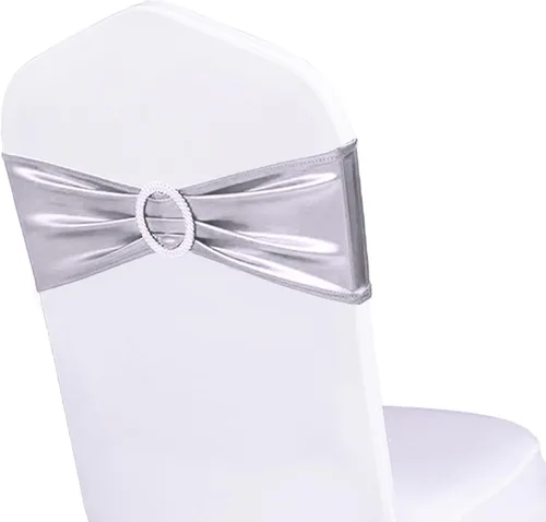 Miniatura 27 de Paquete de 50 bandas elásticas para sillas de bebé azul para boda, bandas elásticas de licra con hebilla deslizante, arcos de sillas de spandex