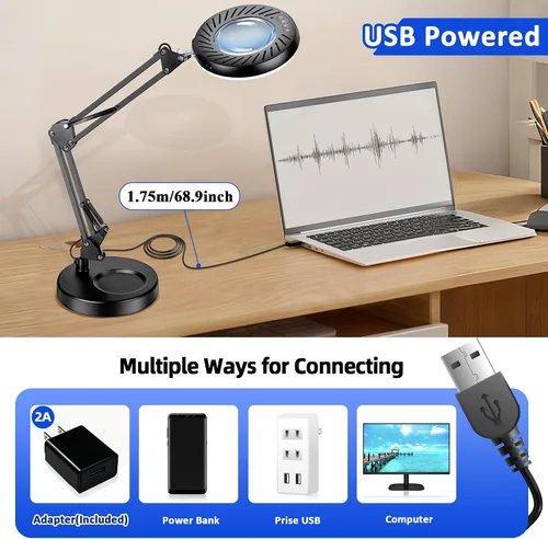 Miniatura 8 de Akynite 12 lupas con luz y soporte, lámpara de escritorio con lupa de cristal real de 144 LED con base y abrazadera, 5 modos de color, lupa