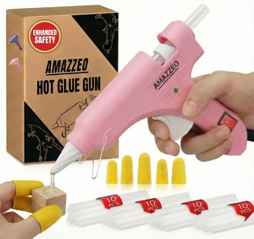 Juego de mini pistola de pegamento caliente y palos de 40 piezas con 5 dedos tapas de seguridad – Pistola de uso doméstico y niños, pistola de