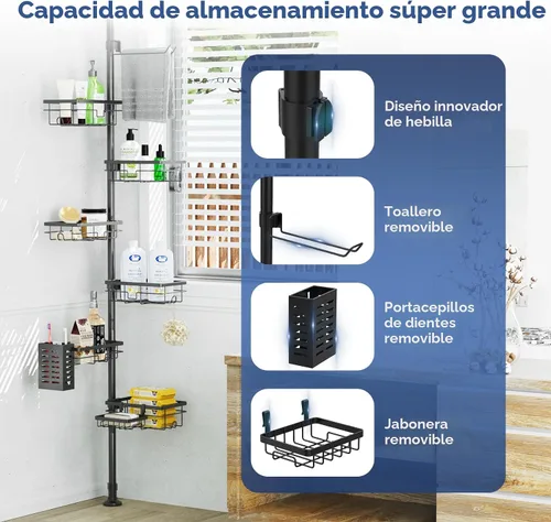 Miniatura 2 de Organizador de Caddy para Ducha con Poste de Tensión, Estante Esquinero de 6 Piezas Resistente al Óxido con Estante de Ducha Ajustable de 30-120
