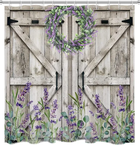 Miniatura 4 de Cortina de ducha con puerta de granero occidental para baño, lavanda púrpura y verde corona de eucalipto en tableros de madera rústica, cortina