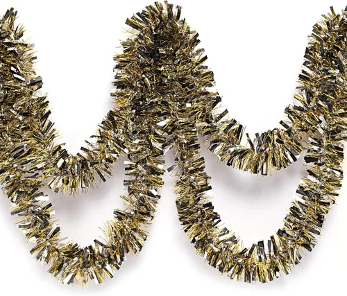 Anderson's Guirnalda giratoria de oropel negro metálico, plata y oro, decoración navideña de 25 pies, borde de árbol de Navidad, decoración de