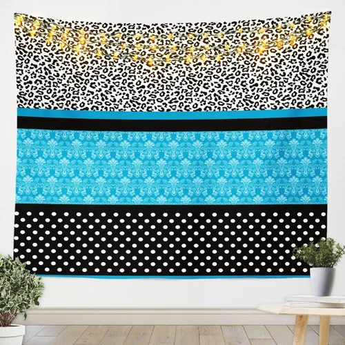 Miniatura 2 de Colgante de pared con estampado de leopardo, pequeño 51 x 59, tapiz de guepardo de cachemira verde azulado bohemio con lunares blancos y negros