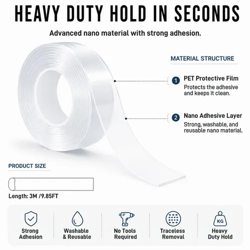 Miniatura 2 de Bulina Nano Tape Double Sided Heavy Duty 1/2''×10Ft, Removable Washable Adhesive Tape, Clear Multipurpose Mounting Tape for Wall, Carpet, Pictures