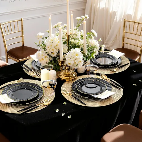 Miniatura 6 de Ciaell 175 platos de plástico festoneado negro con ribete dorado, cubiertos de plástico negro con asa, juegos de vajilla de alta gama para bodas