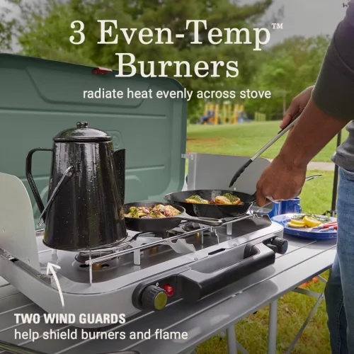 Miniatura 2 de Coleman Cascade 328 - Estufa de campamento de 3 quemadores, superficie de cocción portátil con 28,000 BTU, encendido sin fósforos y protectores