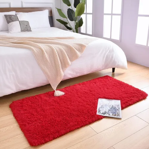 Miniatura 2 de DETUM Alfombra de pasillo peluda roja de 2 x 4 pulgadas, para dormitorio, mesita de noche, alfombras suaves para habitación de niños