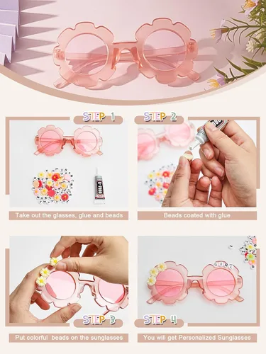 Miniatura 16 de Dunzy 10 pares de lentes de sol redondos de flores para niños, gafas de bricolaje para exteriores, con 50 margaritas, 100 cuentas de letras al azar