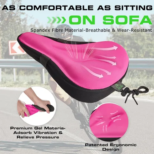 Miniatura 3 de Zacro Cojín de asiento de bicicleta, funda acolchada de gel para asiento de bicicleta para hombres y mujeres, cómodo, asiento de bicicleta Rosa