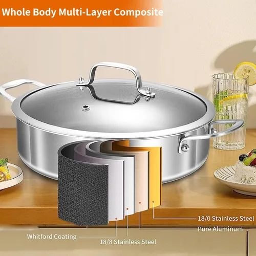 Miniatura 3 de DELARLO Sartén de tres capas de acero inoxidable de 10 pulgadas Sartén de freír profunda de 3QT con tapa Sartén de saltear con tapa Compatible