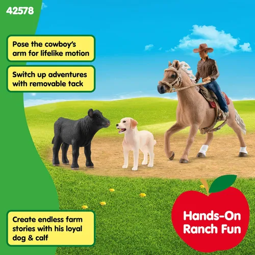 Miniatura 4 de Schleich Farm World - Juego de 6 piezas para rodeo de ternero - Figura de jinete de vaquero con figura de caballo, vaca y perro - Juguetes