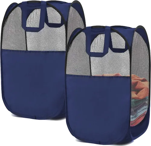 2 cestas de lavandería desplegables, cestas plegables de malla (cada una con 2 asas reforzadas), color azul Azul (2 piezas)