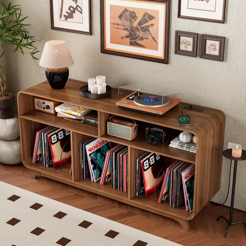 Miniatura 7 de Soporte para tocadiscos con armario de almacenamiento de vinilo con estación de carga y puertos USB, mesa giratoria con capacidad para hasta 350