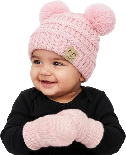 Miniatura 8 de Funky Junque Conjunto de gorro y mitones con doble pompón de pelo sintético para bebé – Gorro de invierno para recién nacidos de 0–9 meses