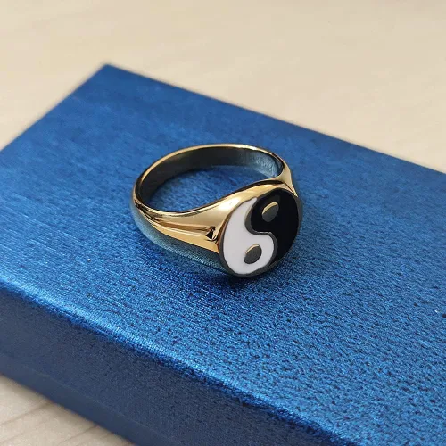 Miniatura 7 de Yin and Yang - Anillo de banda para mujeres, hombres, parejas, hipoalergénico de acero inoxidable chapado en oro de 18 quilates, Tai Chi, equilibrio
