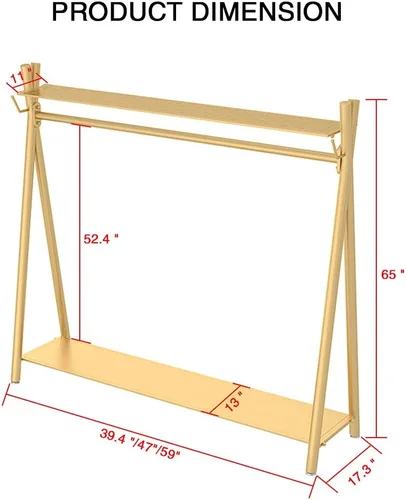 Miniatura 3 de Perchero industrial dorado independiente con estantes dobles, perchero móvil resistente para organizar ropa y zapatos (47 pulgadas de largo)